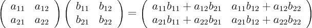 \begin{displaymath}
\left(
\begin{array}{ll}
a_{11} & a_{12} \\
a_{21} ...
...{21} & a_{21} b_{12} + a_{22} b_{22}
\end{array}
\right)
\end{displaymath}
