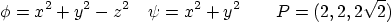 \begin{displaymath}
\phi=x^2+y^2-z^2 \quad \psi=x^2+y^2\qquad P=(2,2,2\sqrt2)
\end{displaymath}