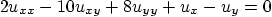 \begin{displaymath}
2 u_{xx} - 10 u_{xy} + 8 u_{yy} + u_x - u_y = 0
\end{displaymath}