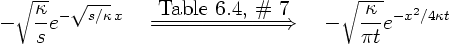\begin{displaymath}
- \sqrt{\frac{\kappa}{s}} e^{-\sqrt{s/\kappa}  x}
\quad ...
...rrow}
\quad
- \sqrt{\frac{\kappa}{\pi t}} e^{-x^2/4\kappa t}
\end{displaymath}