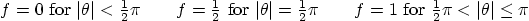\begin{displaymath}
f = 0 \mbox{ for } \vert\theta\vert < {\textstyle\frac{1}{2...
...{ for } {\textstyle\frac{1}{2}}\pi < \vert\theta\vert \le \pi
\end{displaymath}