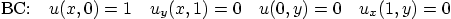 \begin{displaymath}
\mbox{BC:}\quad
u(x,0)=1\quad u_y(x,1)=0 \quad u(0,y)=0 \quad u_x(1,y)=0
\end{displaymath}