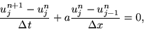 \begin{displaymath}
{u_j^{n+1}-u_j^{n}\over \Delta t} + a
{u_j^n - u_{j-1}^n\over \Delta x} = 0, \end{displaymath}