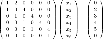 \begin{displaymath}
\left(
\begin{array}{cccccc}
1 & 2 & 0 & 0 & 0 & 0 \\
1...
...begin{array}{c} 0 \ 2 \ 3 \ 4 \ 5 \ 0 \end{array}\right)
\end{displaymath}