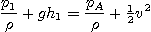 \begin{displaymath}
\frac{p_1}{\rho} + gh_1 = \frac{p_A}{\rho} + {\textstyle\frac{1}{2}} v^2
\end{displaymath}