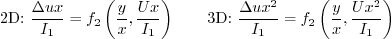 \begin{displaymath}
\mbox{2D: }
\frac{\Delta u x}{I_1} = f_2\left(\frac{y}{x},...
...lta u x^2}{I_1} = f_2\left(\frac{y}{x},\frac{Ux^2}{I_1}\right)
\end{displaymath}