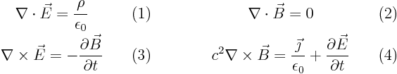 \begin{displaymath}
\begin{array}{ccccc} \displaystyle\nabla\cdot\vec E = \frac{...
...on_0} +\frac{\partial\vec E}{\partial t} & \quad(4)
\end{array}\end{displaymath}