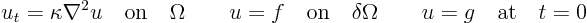 \begin{displaymath}
u_t = \kappa\nabla^2 u \quad\mbox{on}\quad\Omega\qquad u = f...
...\mbox{on}\quad\delta\Omega\qquad u = g \quad\mbox{at}\quad t=0
\end{displaymath}