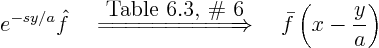 \begin{displaymath}
e^{-sy/a} \hat f
\quad \stackrel{\hbox{Table 6.3, \char9...
...\Longrightarrow}
\quad
\bar f\left(x - \frac{y}{a}\right)
\end{displaymath}