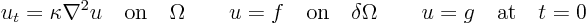 \begin{displaymath}
u_t = \kappa\nabla^2 u \quad\mbox{on}\quad\Omega\qquad u = f...
...\mbox{on}\quad\delta\Omega\qquad u = g \quad\mbox{at}\quad t=0
\end{displaymath}