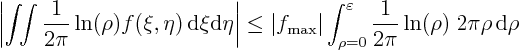 \begin{displaymath}
\left\vert\int\!\!\int \frac{1}{2\pi}\ln(\rho) f(\xi,\eta)...
...}^\varepsilon \frac{1}{2\pi}\ln(\rho)\; 2\pi\rho{ \rm d}\rho
\end{displaymath}