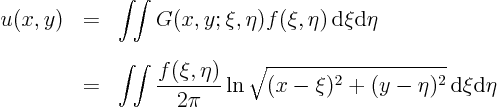 \begin{eqnarray*}
u(x,y) & = &\int\!\!\int G(x,y;\xi,\eta) f(\xi,\eta) { \rm ...
...ta)}{2\pi}\ln\sqrt{(x-\xi)^2+(y-\eta)^2}{ \rm d}\xi{\rm d}\eta
\end{eqnarray*}