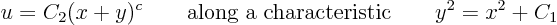 \begin{displaymath}
u = C_2 (x+y)^c
\qquad\mbox{along a characteristic}\qquad
y^2 = x^2 + C_1
\end{displaymath}