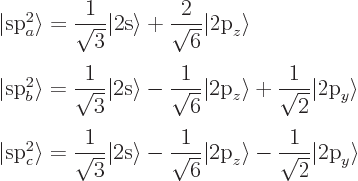\begin{displaymath}
\renewedcommand{arraystretch}{2.3}
\begin{array}{l}
\vert...
...splaystyle\frac{1}{\sqrt2}}\vert\mbox{2p}_y\rangle
\end{array}\end{displaymath}