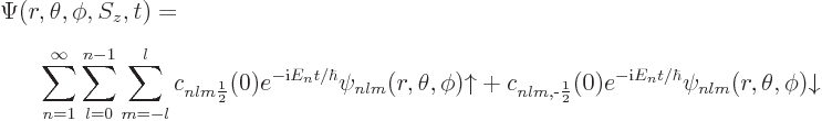 \begin{eqnarray*}
\lefteqn{\Psi(r,\theta,\phi,S_z,t) =} \\
&&
\sum_{n=1}^\in...
...)
e^{-{\rm i}E_n t/\hbar} \psi_{nlm}(r,\theta,\phi){\downarrow}
\end{eqnarray*}