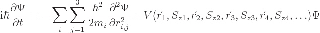 \begin{displaymath}
{\rm i}\hbar \frac{\partial\Psi}{\partial t} =
- \sum_i \s...
...skew0\vec r}_3, S_{z3}, {\skew0\vec r}_4, S_{z4}, \ldots) \Psi
\end{displaymath}