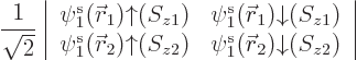 \begin{displaymath}
\frac{1}{\sqrt{2}}
\left\vert
\begin{array}{cc}
\pe1/{\s...
...2/u/z2/ & \pe1/{\skew0\vec r}_2/d/z2/
\end{array} \right\vert
\end{displaymath}