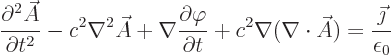 \begin{displaymath}
\frac{\partial^2 \skew3\vec A}{\partial t^2} - c^2 \nabla^2...
...a(\nabla\cdot\skew3\vec A)
= \frac{\vec\jmath}{\epsilon_0} %
\end{displaymath}