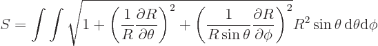 \begin{displaymath}
S = \int\int
\sqrt{1
+ \left(\frac{1}{R}\frac{\partial R}...
...rtial\phi}\right)^2}
R^2 \sin\theta{ \rm d}\theta{\rm d}\phi
\end{displaymath}