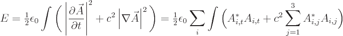 \begin{displaymath}
E = {\textstyle\frac{1}{2}}\epsilon_0 \int
\Bigg(\left\ver...
...igg(A_{i,t}^* A_{i,t} + c^2\sum_{j=1}^3 A_{i,j}^*A_{i,j}\bigg)
\end{displaymath}