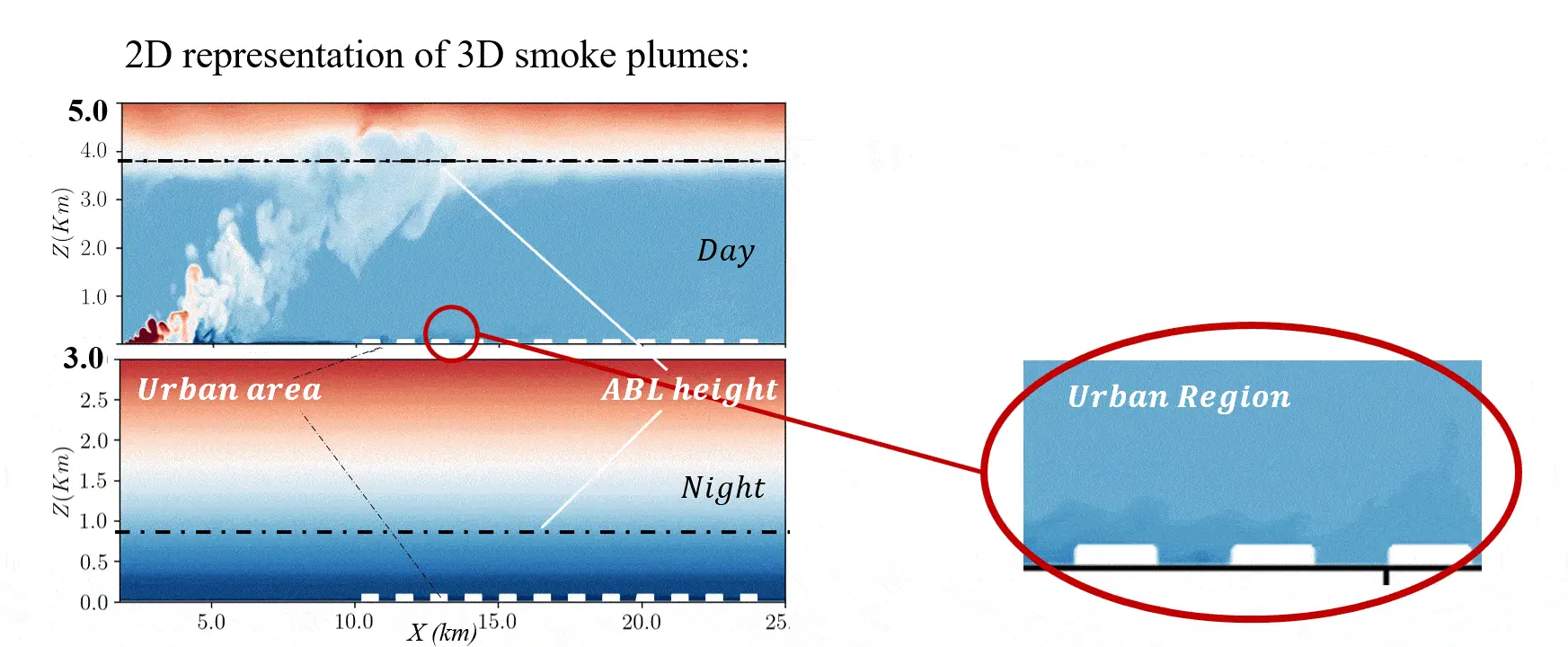 Animated numerical simulation of a buoyant plume evolving through a wildland–urban interface